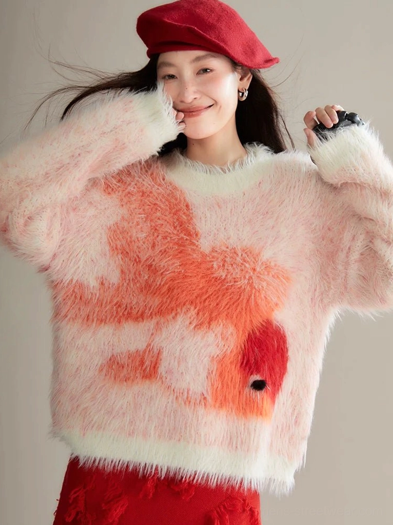 Orange-red koi fuzzy knit sweater in oversized Seoul streetwear style with a soft pale base, red beret styling, and textured red midi skirt