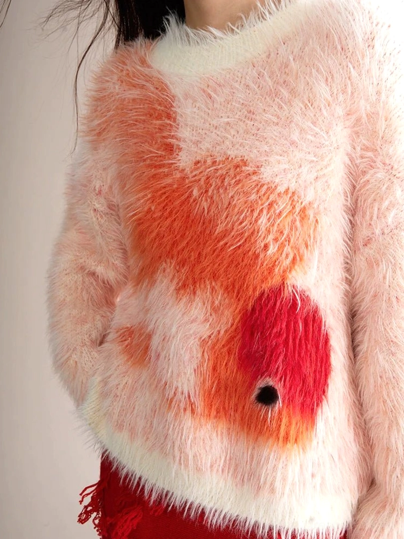 Orange-red koi fuzzy knit sweater product image for oversized women's streetwear and contemporary East Asian fashion styling