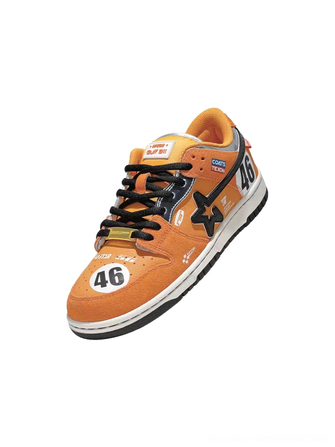 Orange low-top skate sneaker front-side view showcasing the No. 46 toe decal, black dimensional star panel, suede texture, and racing-inspired heel details
