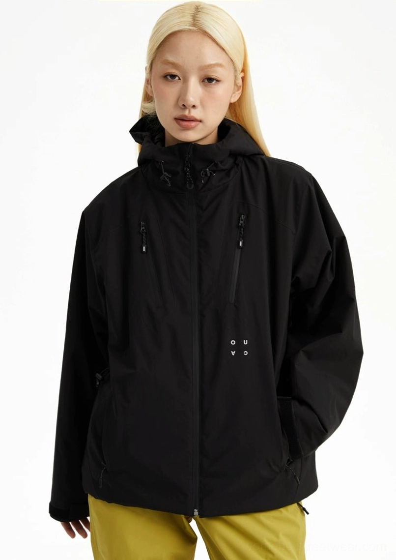Outdoor padded hooded jacket product image with utility-inspired color block design and zippered pockets