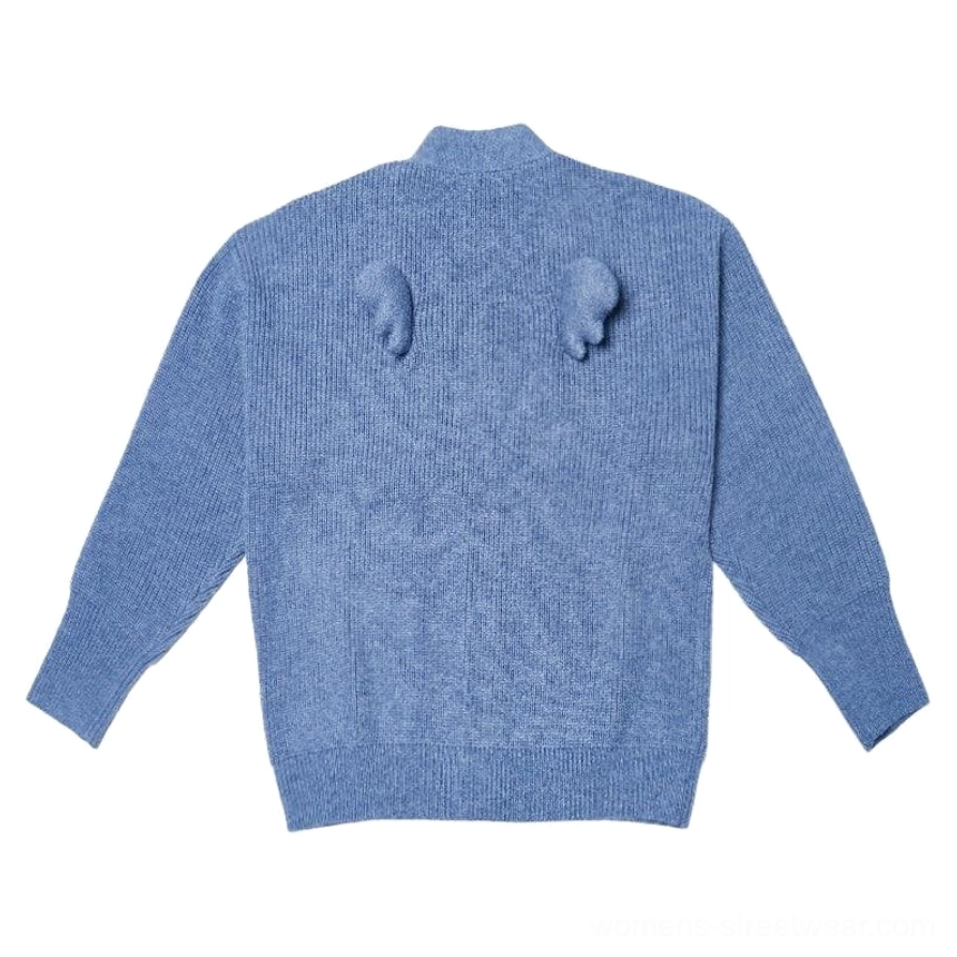 Denim blue oversized angel wing pom-pom fuzzy knit cardigan color variant product view