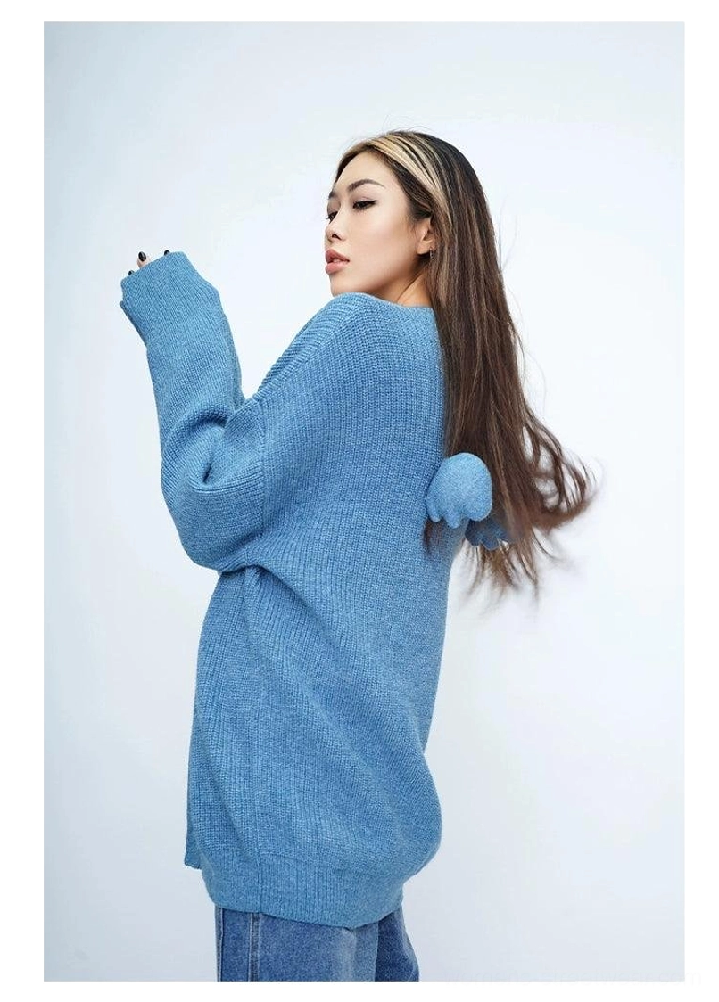 Oversized angel wing pom-pom fuzzy knit cardigan detailed product view