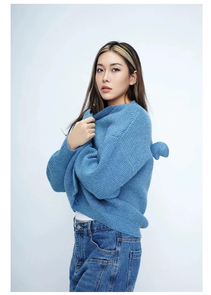 Oversized angel wing pom-pom fuzzy knit cardigan fuzzy ribbed texture product view