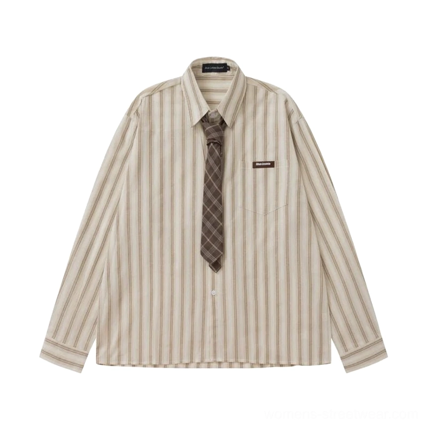 Oversized apricot pinstripe button-up long sleeve shirt with plaid tie relaxed unisex streetwear silhouette