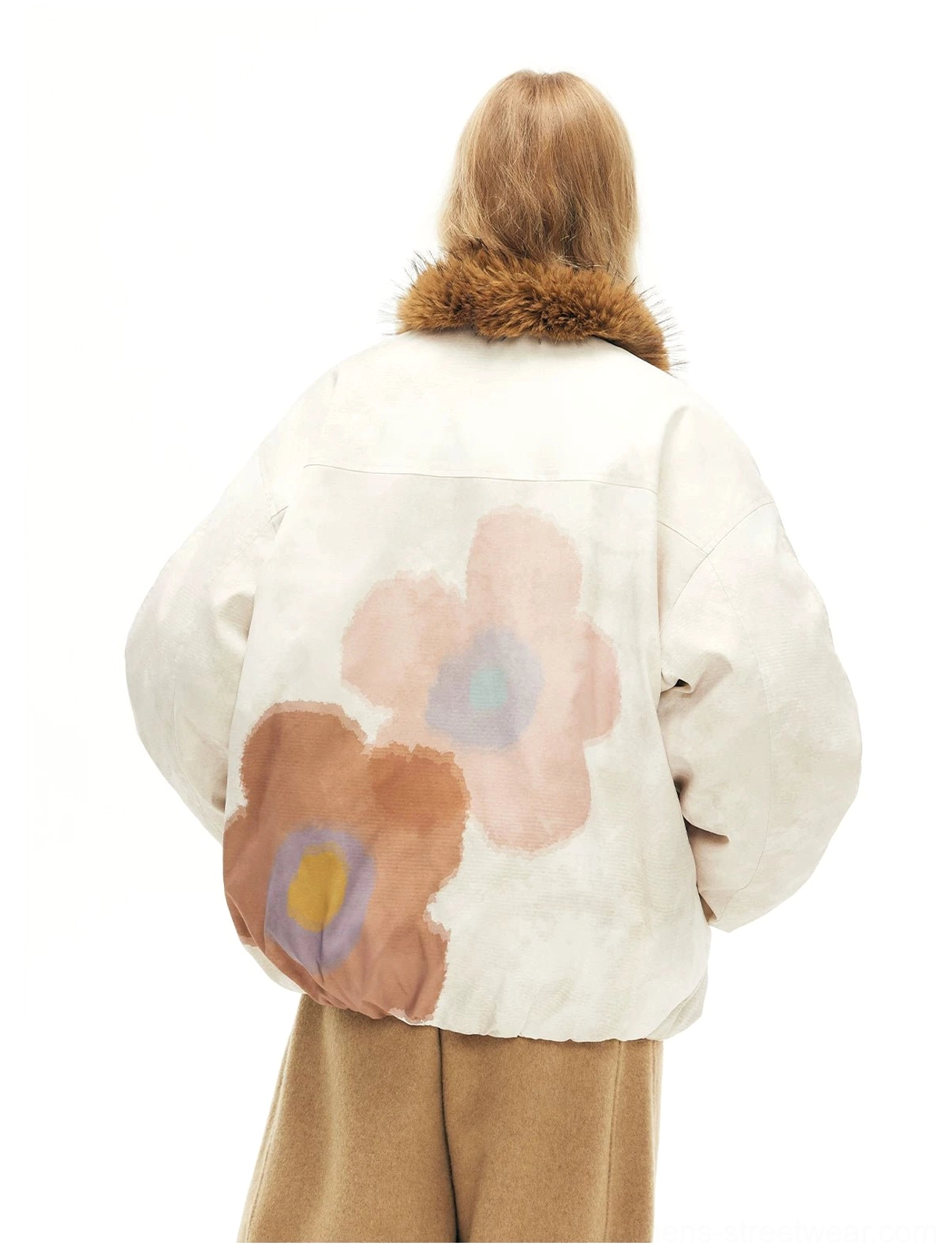 Back view of oversized beige floral print faux fur trim bomber jacket for women's contemporary streetwear