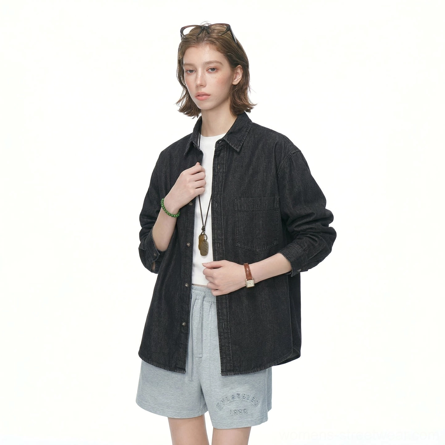 Oversized black denim shirt for minimalist streetwear, techwear-inspired outfits, casual layering, and everyday urban wear