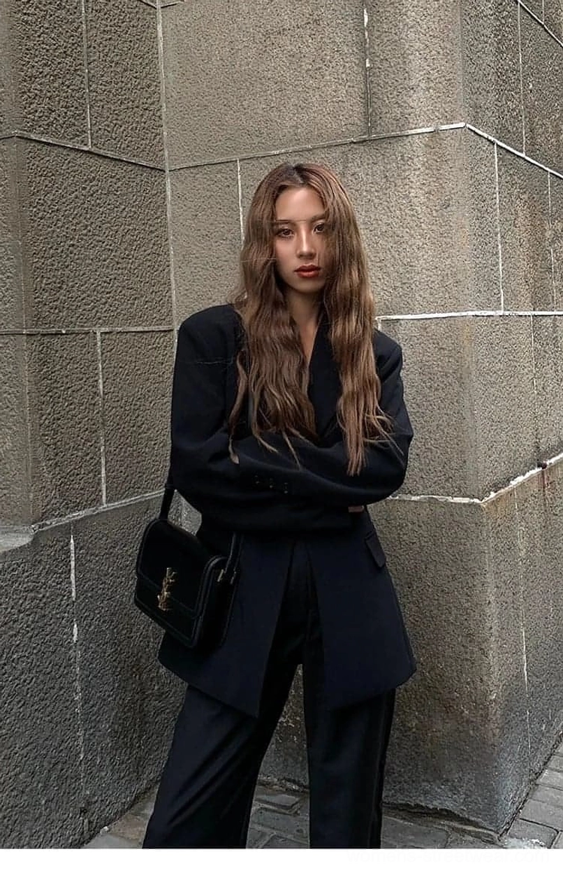 Oversized black single-button streetwear blazer jacket women's tailored fashion product view