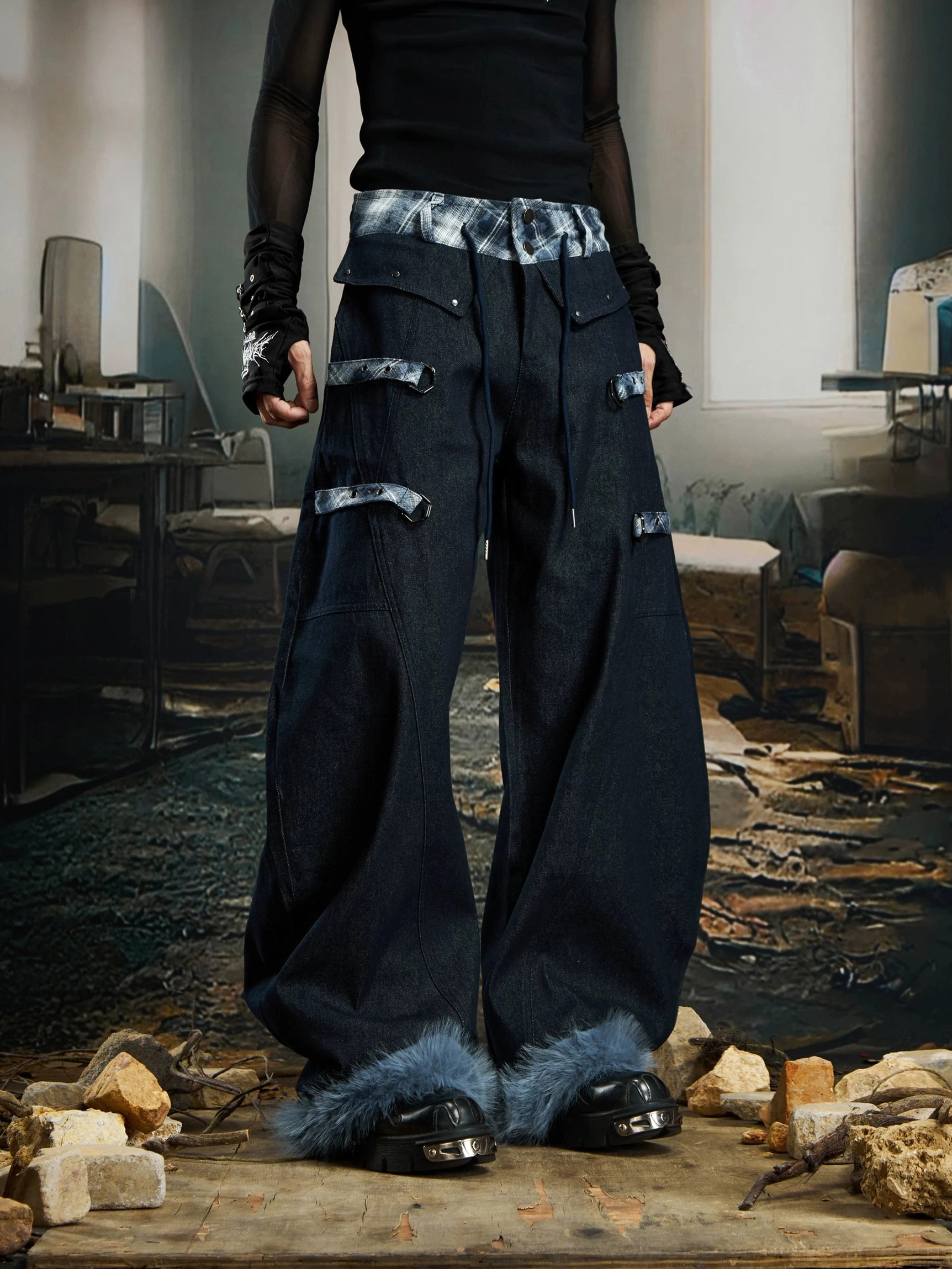 Oversized black streetwear cargo pants with blue-grey plaid waistband side strap details loose wide-leg cut and fluffy fur hems