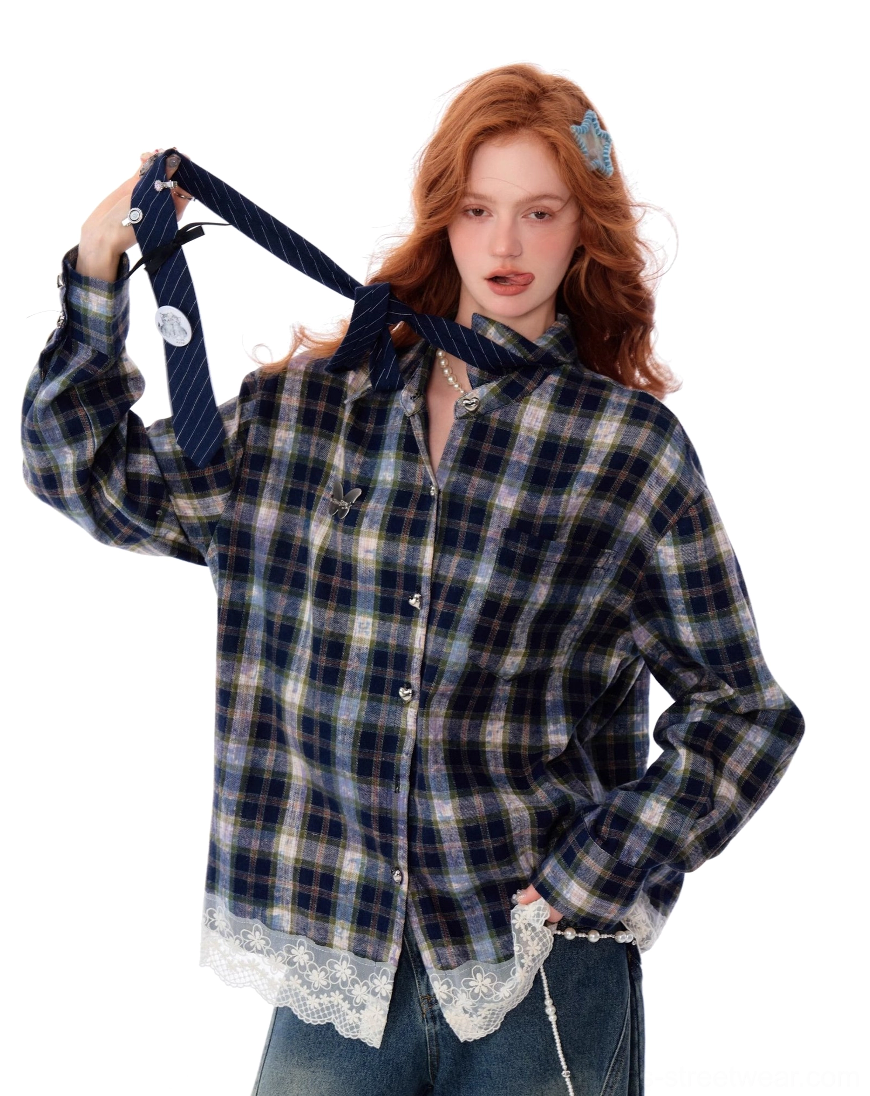 Three-quarter front view of an oversized blue plaid lace trim button-up shirt styled with wide-leg denim and a matching necktie