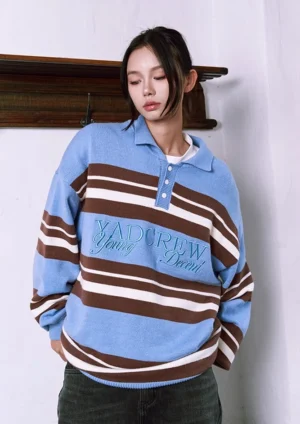 Oversized blue striped embroidered polo knit sweater front full body view on female model