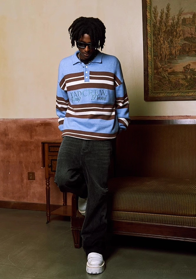Oversized blue striped embroidered polo knit sweater streetwear product view