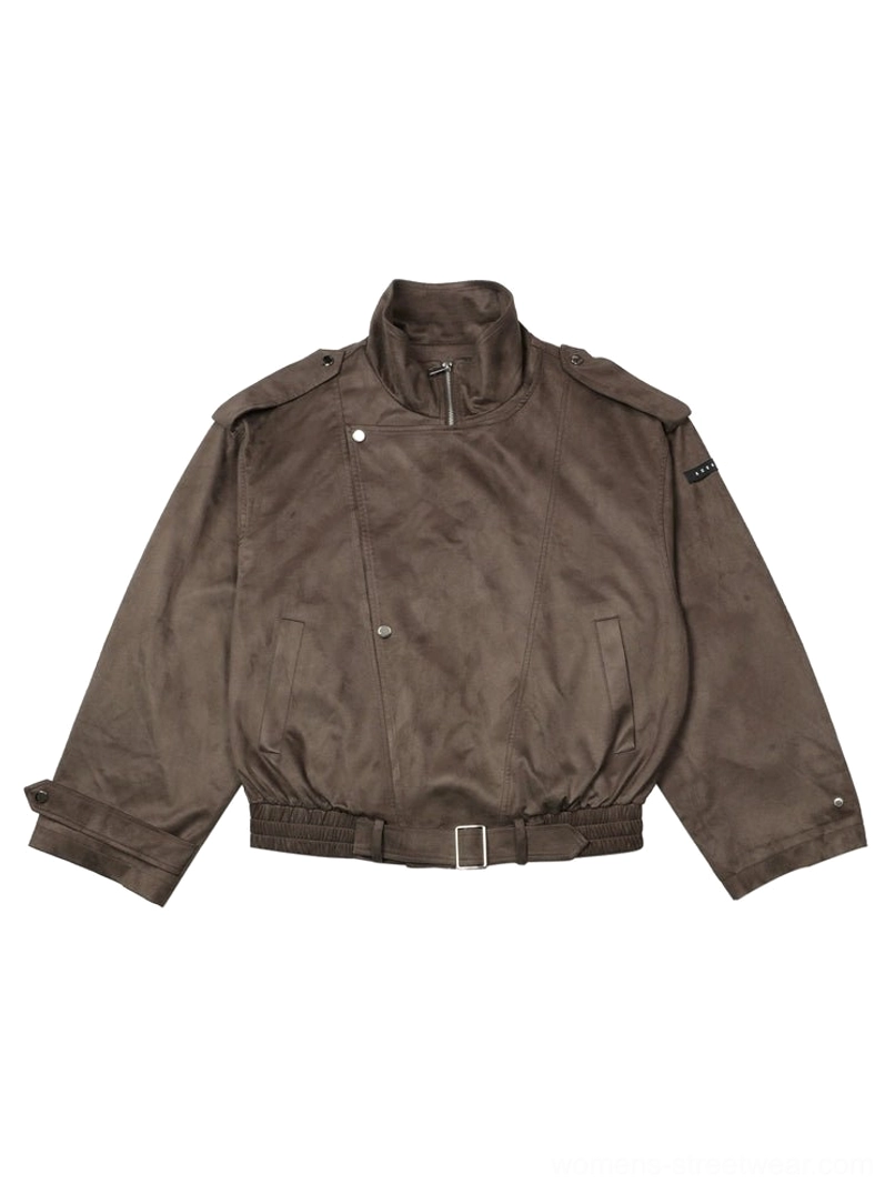 Flat lay view of an oversized brown faux suede moto jacket showing asymmetric zipper snap closure shoulder epaulets and adjustable hem belt