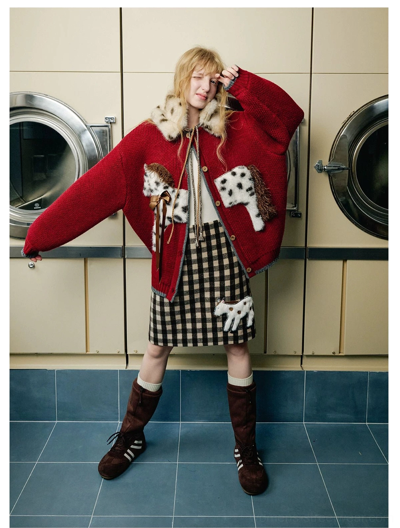 Oversized burgundy pony appliqué cardigan styled with gingham midi skirt and brown lace up boots