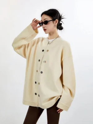 Khaki oversized button and zip knit cardigan with ribbed trim front view on female streetwear model