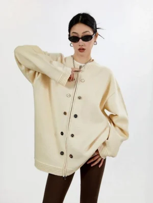 Khaki oversized button and zip knit cardigan with ribbed cuffs three quarter front streetwear view