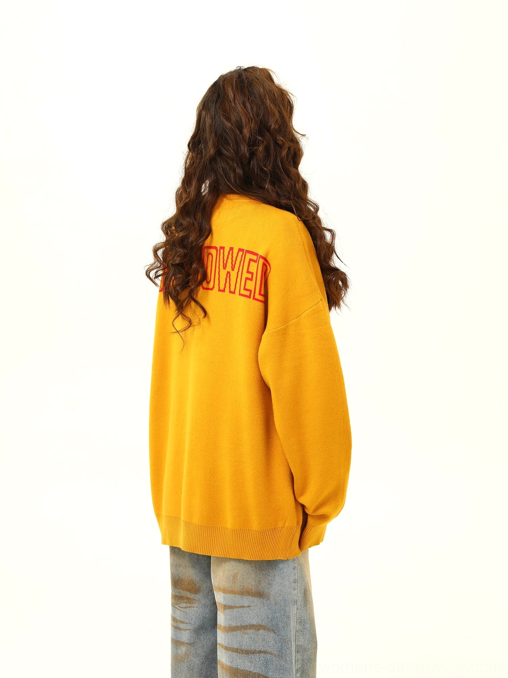 Oversized cartoon puppy knit cardigan with playful dog graphics and contrasting red letter details