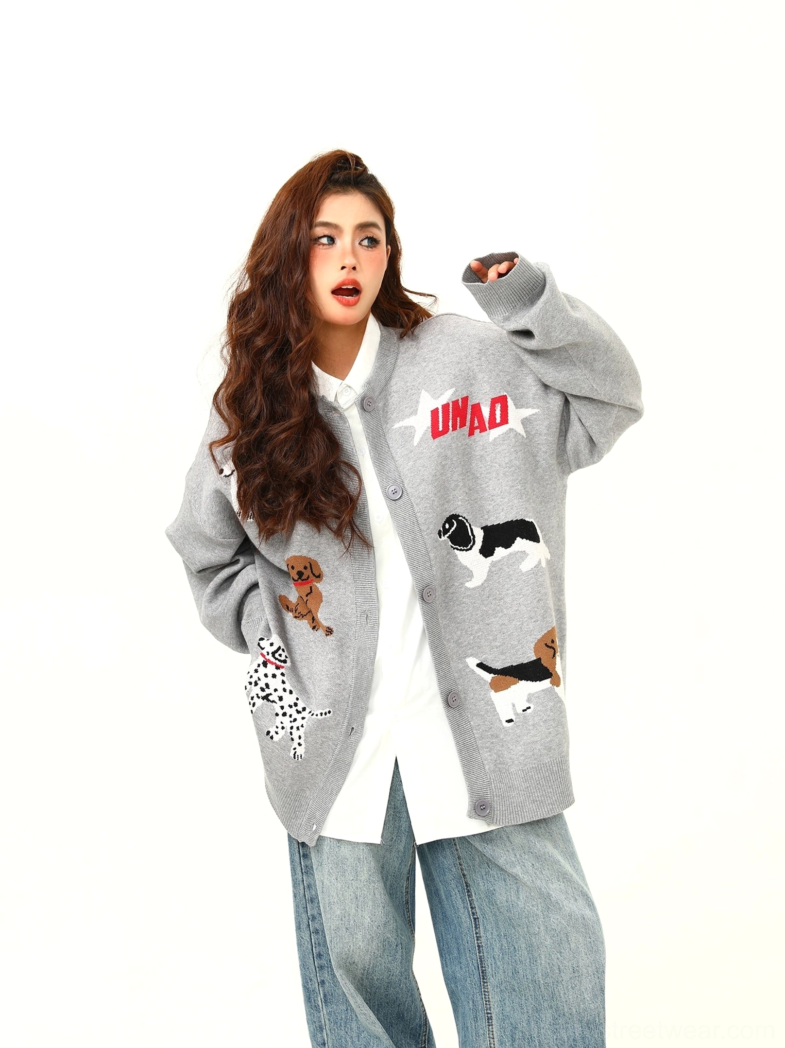 Gray button-front cartoon puppy knit cardigan showing loose dropped-shoulder oversized silhouette