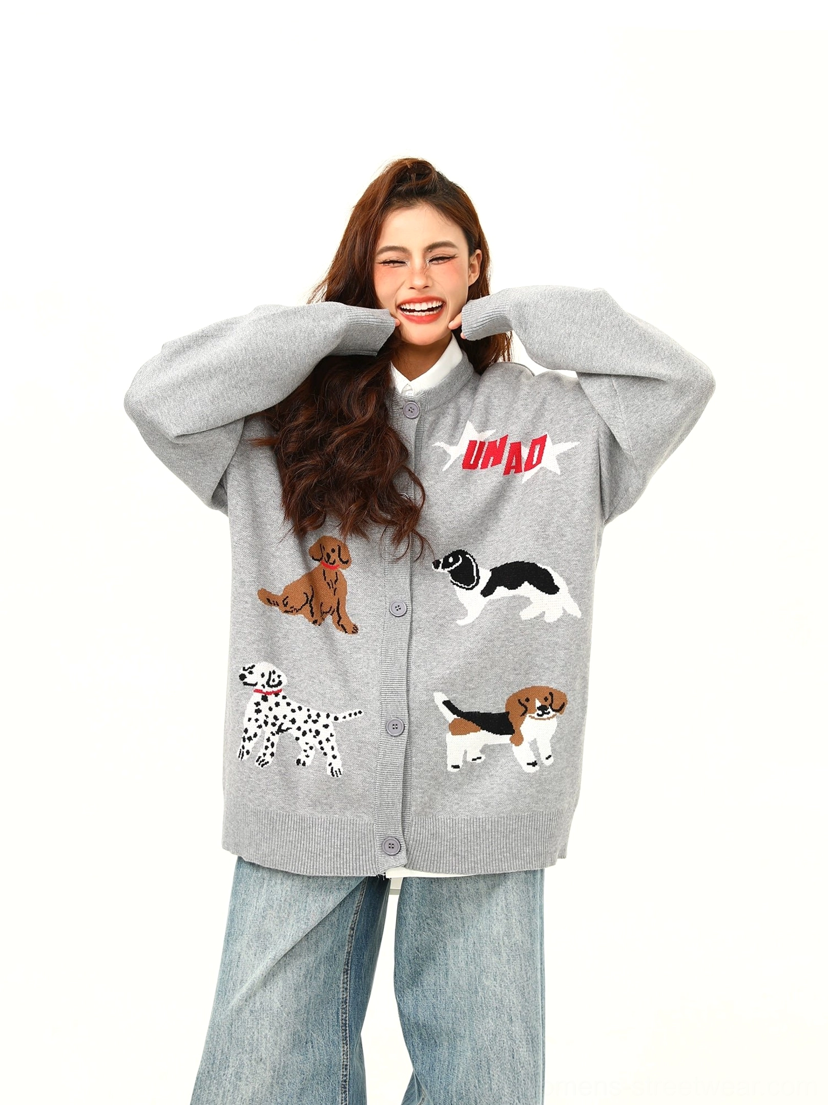 Front view of gray oversized cartoon dog knit cardigan with playful puppy graphics and button closure