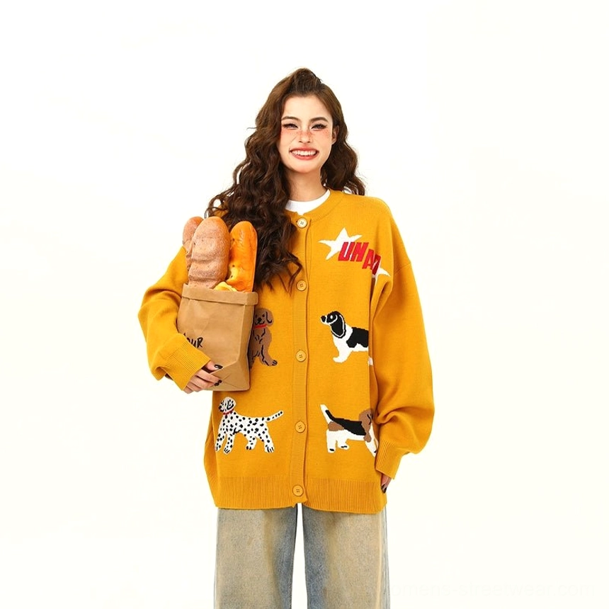 Yellow oversized cartoon puppy knit cardigan color option with playful dog motifs and button front