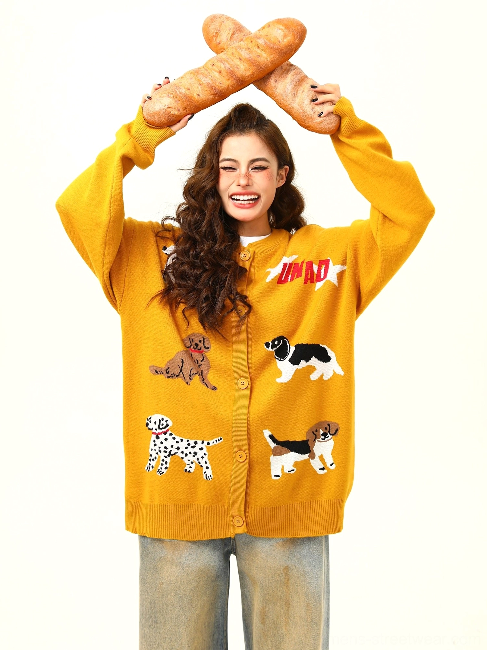 Yellow cartoon dog graphic knit cardigan in a cozy loose-fit Korean streetwear outfit