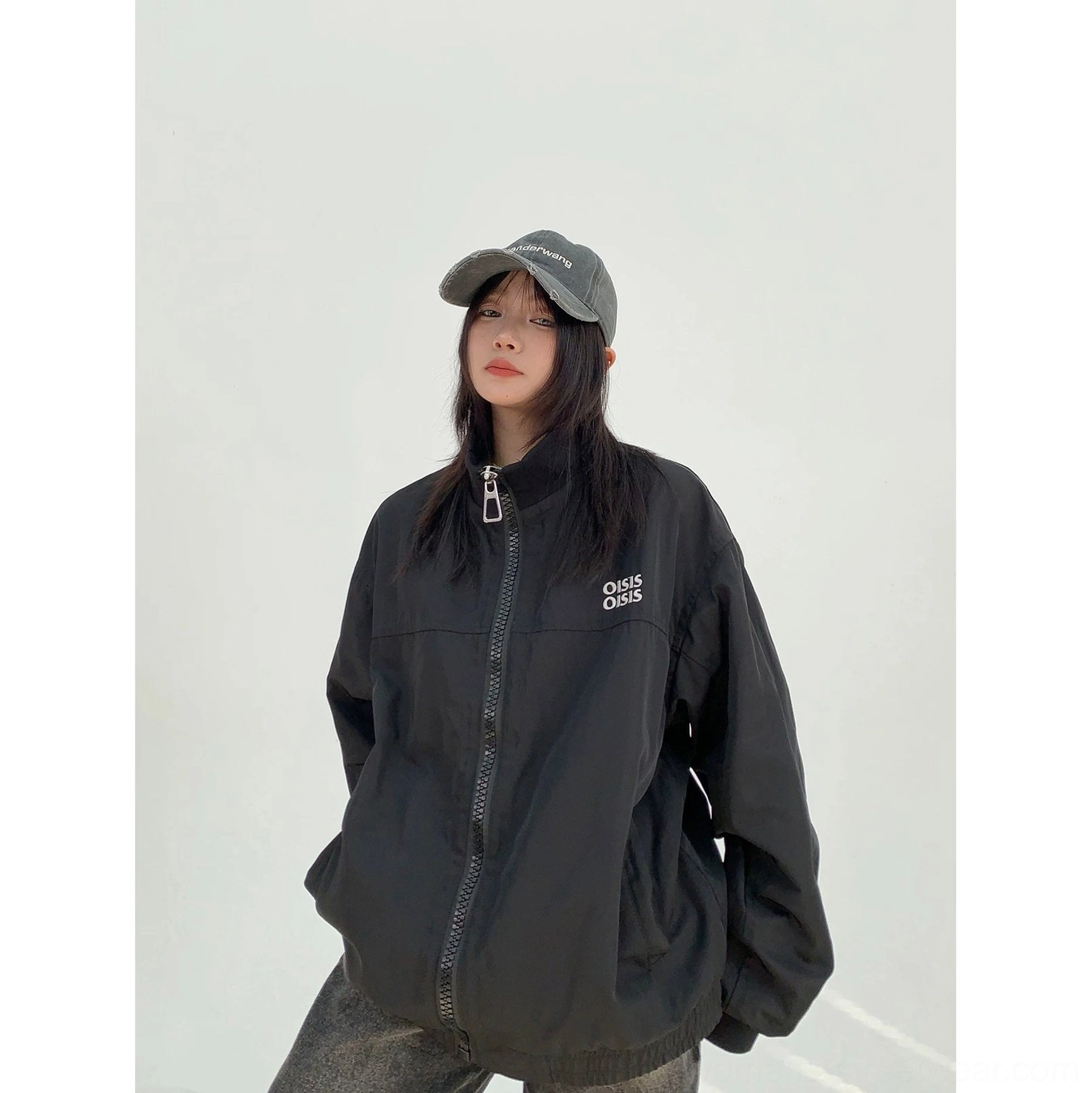 Black oversized cloud shell windbreaker jacket for women lightweight zip-front stand-collar streetwear outerwear product image