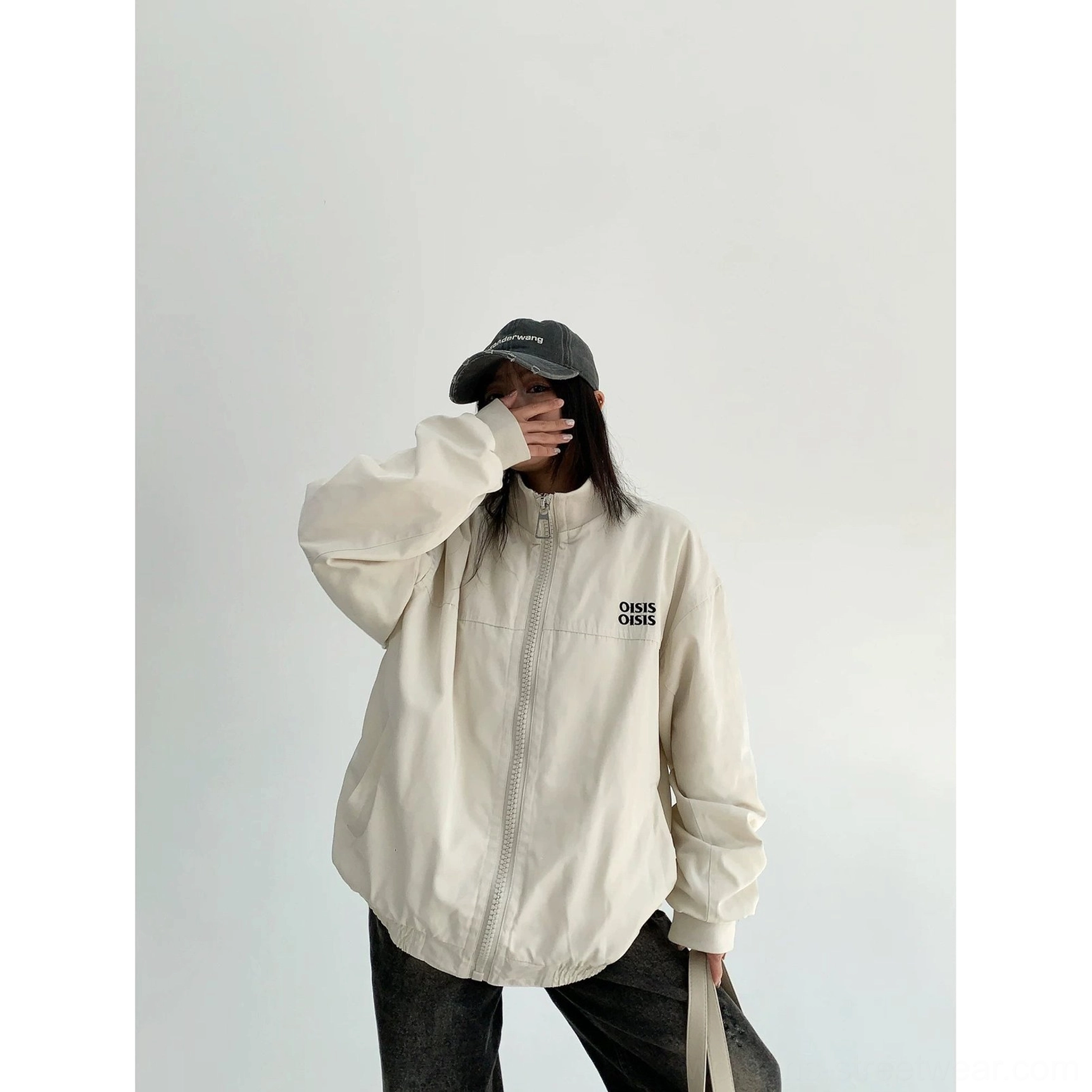 Off-white women's oversized cloud shell windbreaker jacket with stand collar, lightweight zip front and subtle chest logo detail