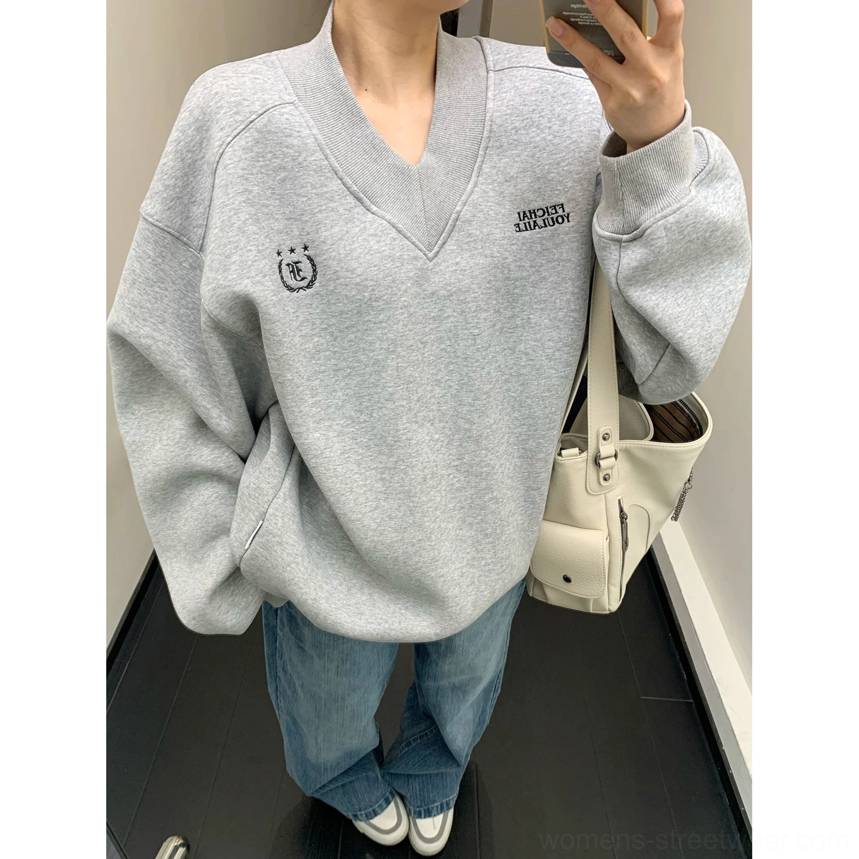 Gray oversized collegiate crest V-neck fleece sweatshirt colorway product view