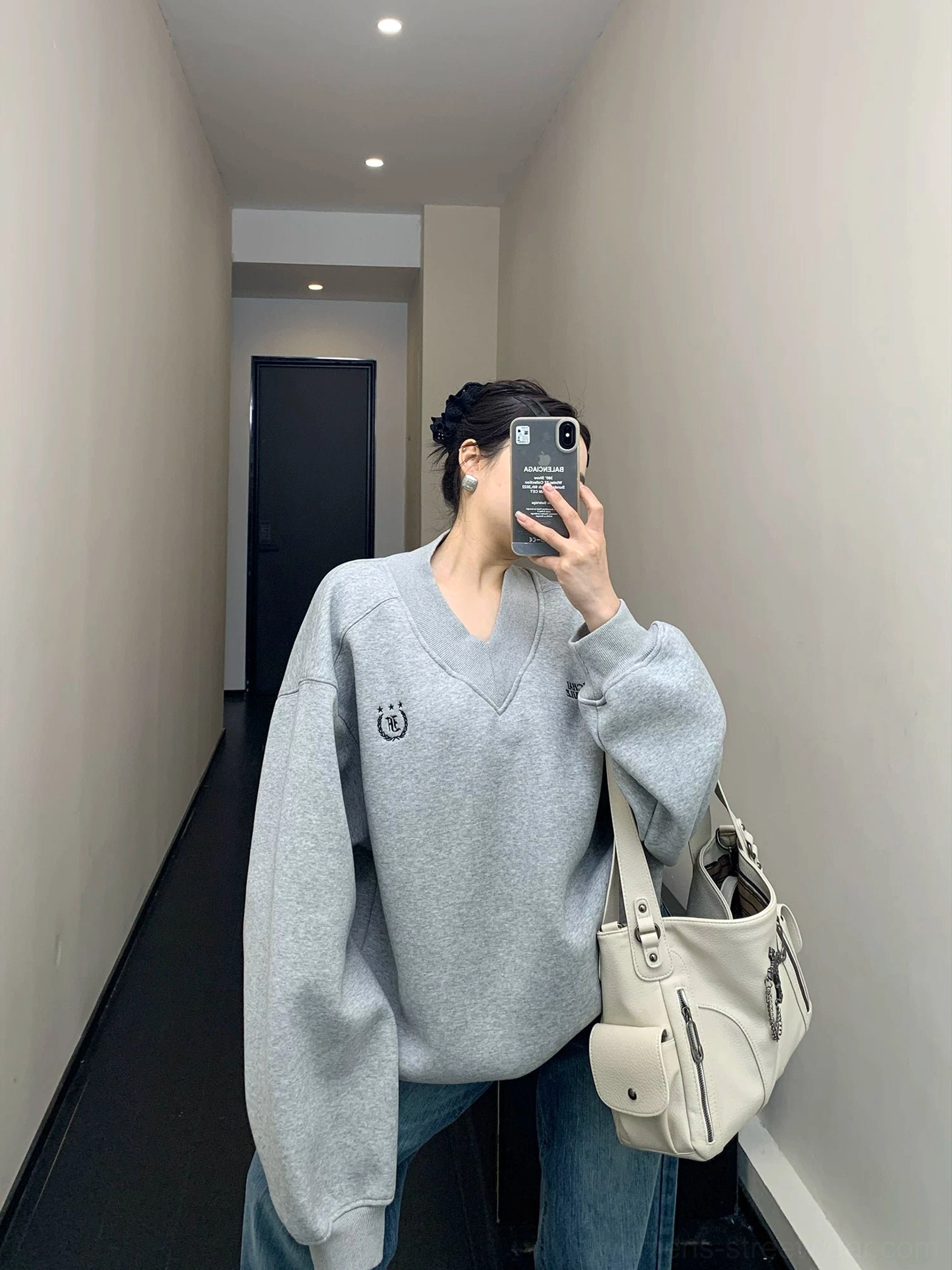 Heather gray collegiate crest V-neck sweatshirt with oversized dropped-shoulder streetwear fit