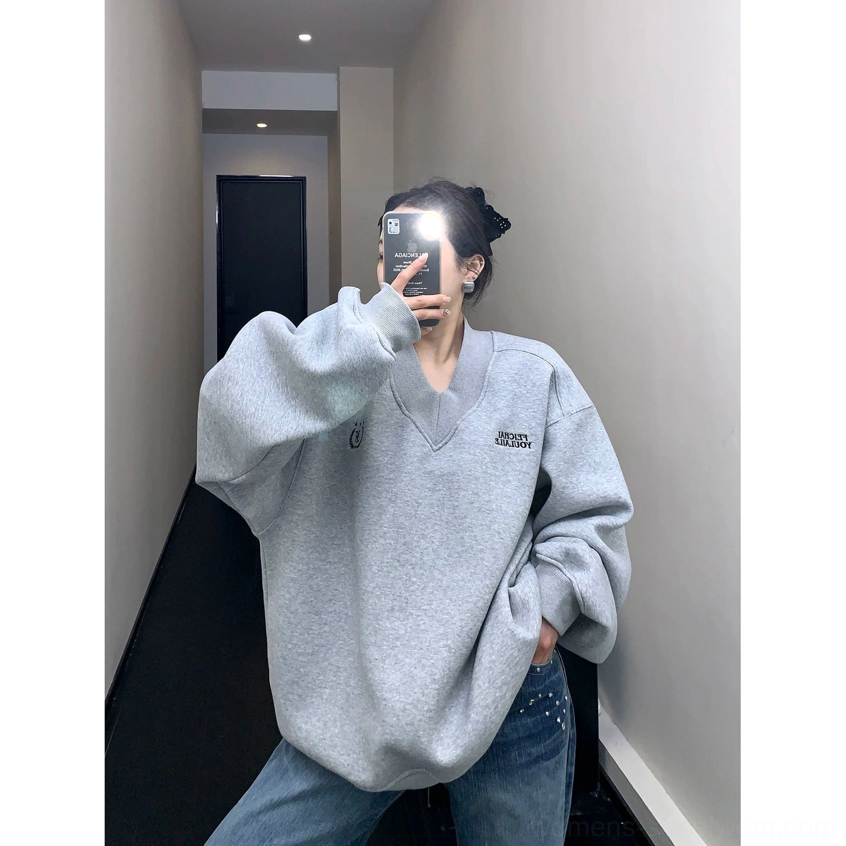 Relaxed heather gray oversized fleece V-neck sweatshirt in Korean inspired streetwear outfit