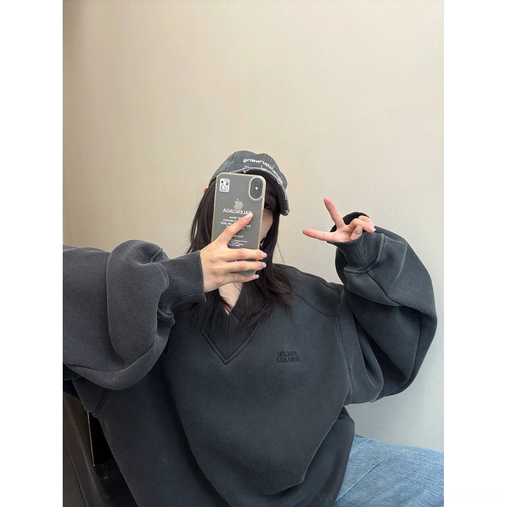 Oversized collegiate crest V-neck fleece sweatshirt streetwear product detail view