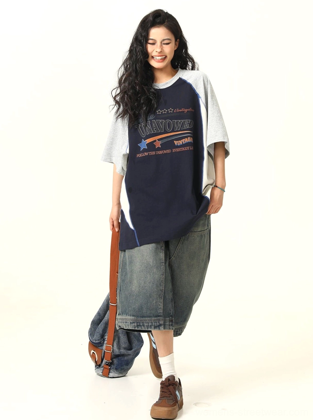 Oversized colorblock raglan graphic T-shirt casual Korean streetwear styling image