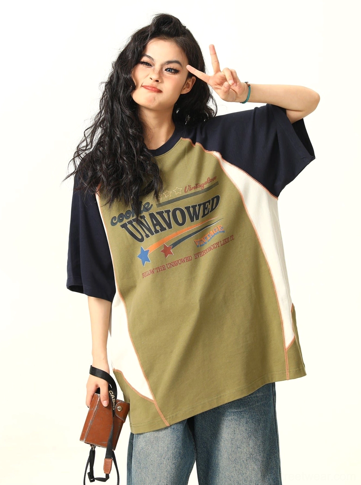 Oversized olive colorblock raglan graphic T-shirt with dark navy sleeves and white side inserts