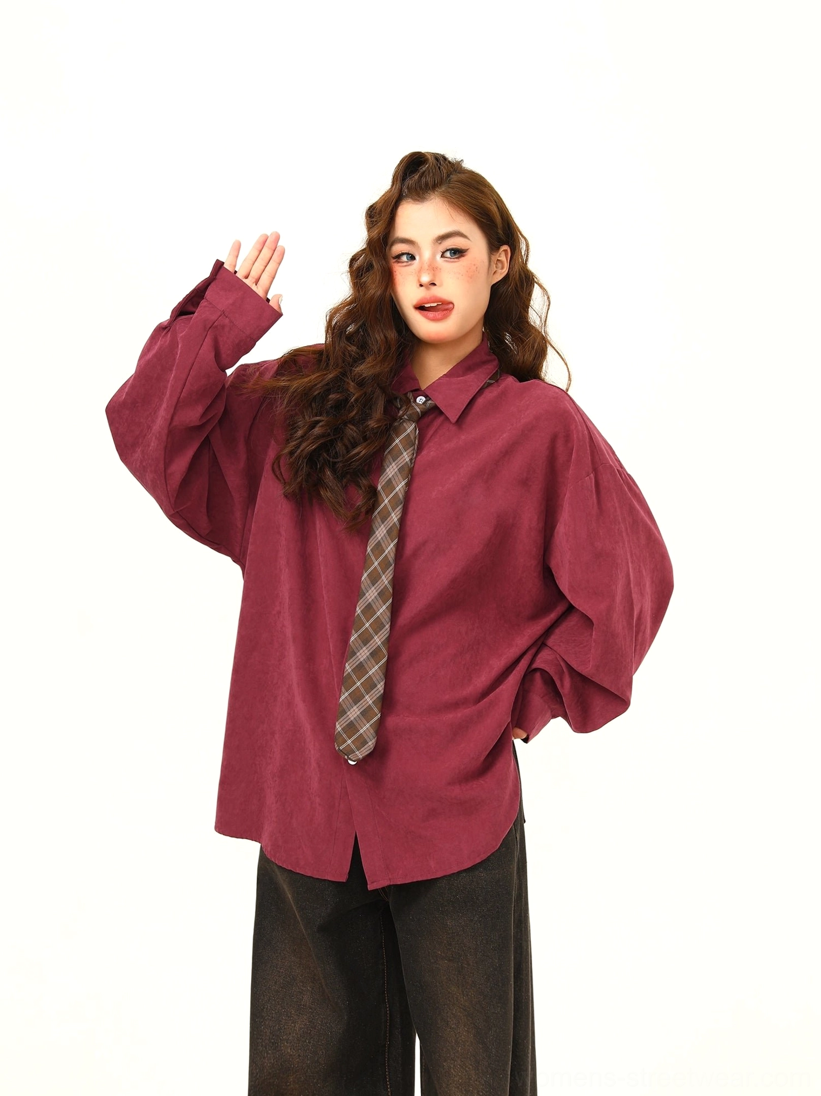 Oversized corduroy shirt with matching tie in a Korean streetwear inspired relaxed silhouette