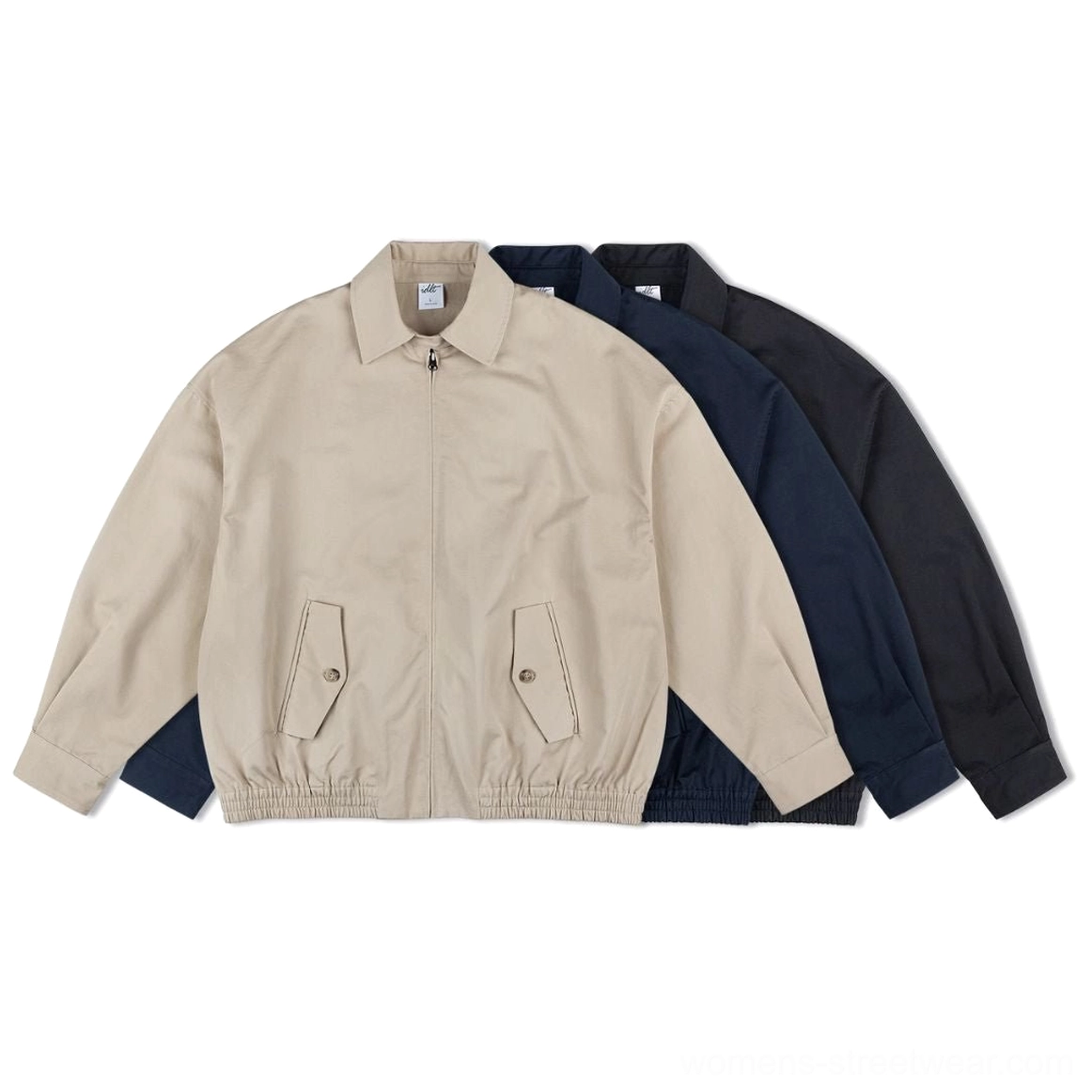 Black khaki and blue oversized cotton work jackets displayed together showing utility streetwear color options