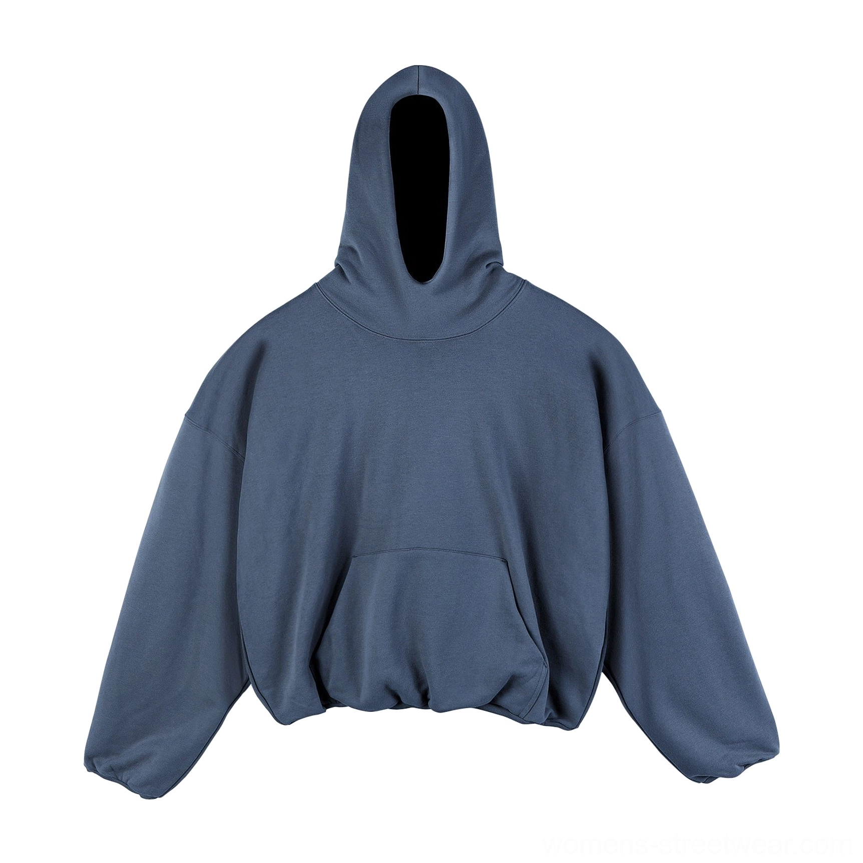 Slate blue oversized cropped fleece-lined hoodie with front pouch pocket, elasticated hem, and full hood detail