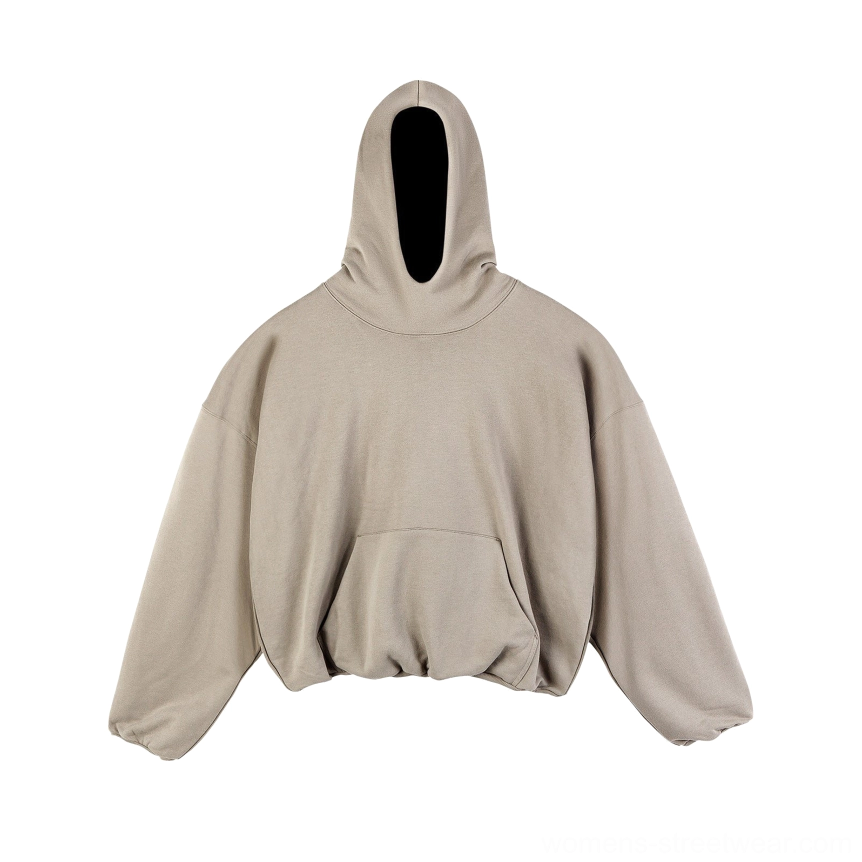 Taupe beige oversized cropped fleece-lined hoodie with dropped sleeves, elasticated bottom hem, and hood eye-opening design