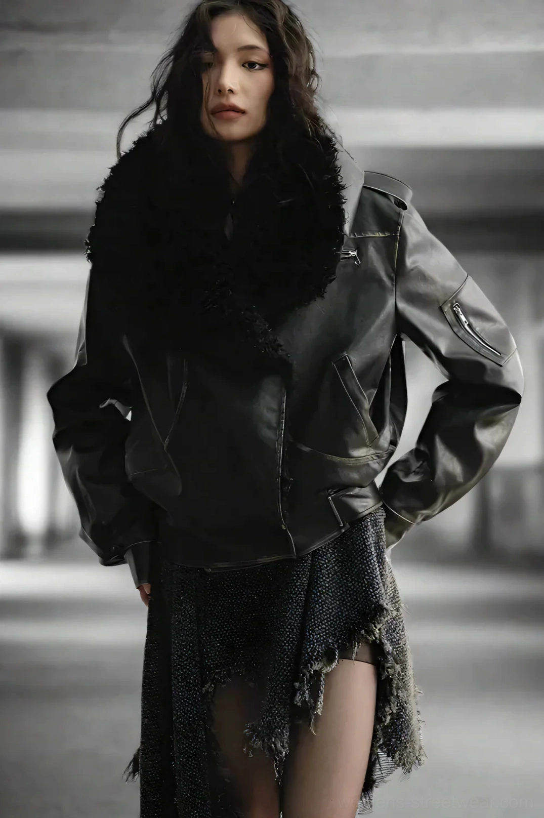 Oversized dark brown faux fur aviator jacket styled with an asymmetrical dress and slanted zippered hand pockets