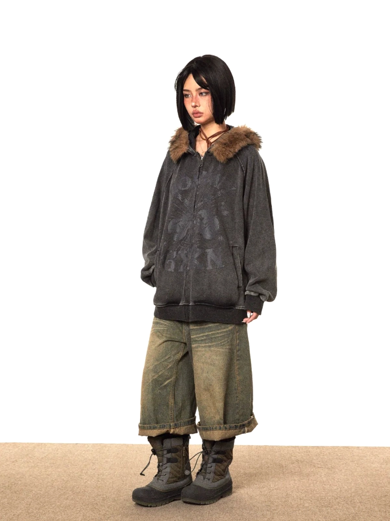 Oversized dark grey vintage fur-trimmed hooded jacket with ribbed cuffs, full zip front, and Korean Y2K street style