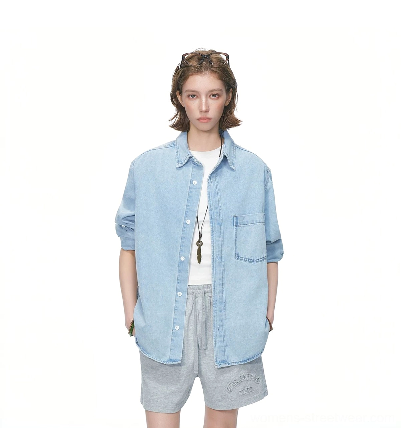 Oversized denim shirt in Retro Blue and Black with a relaxed streetwear silhouette and versatile lightweight layering design