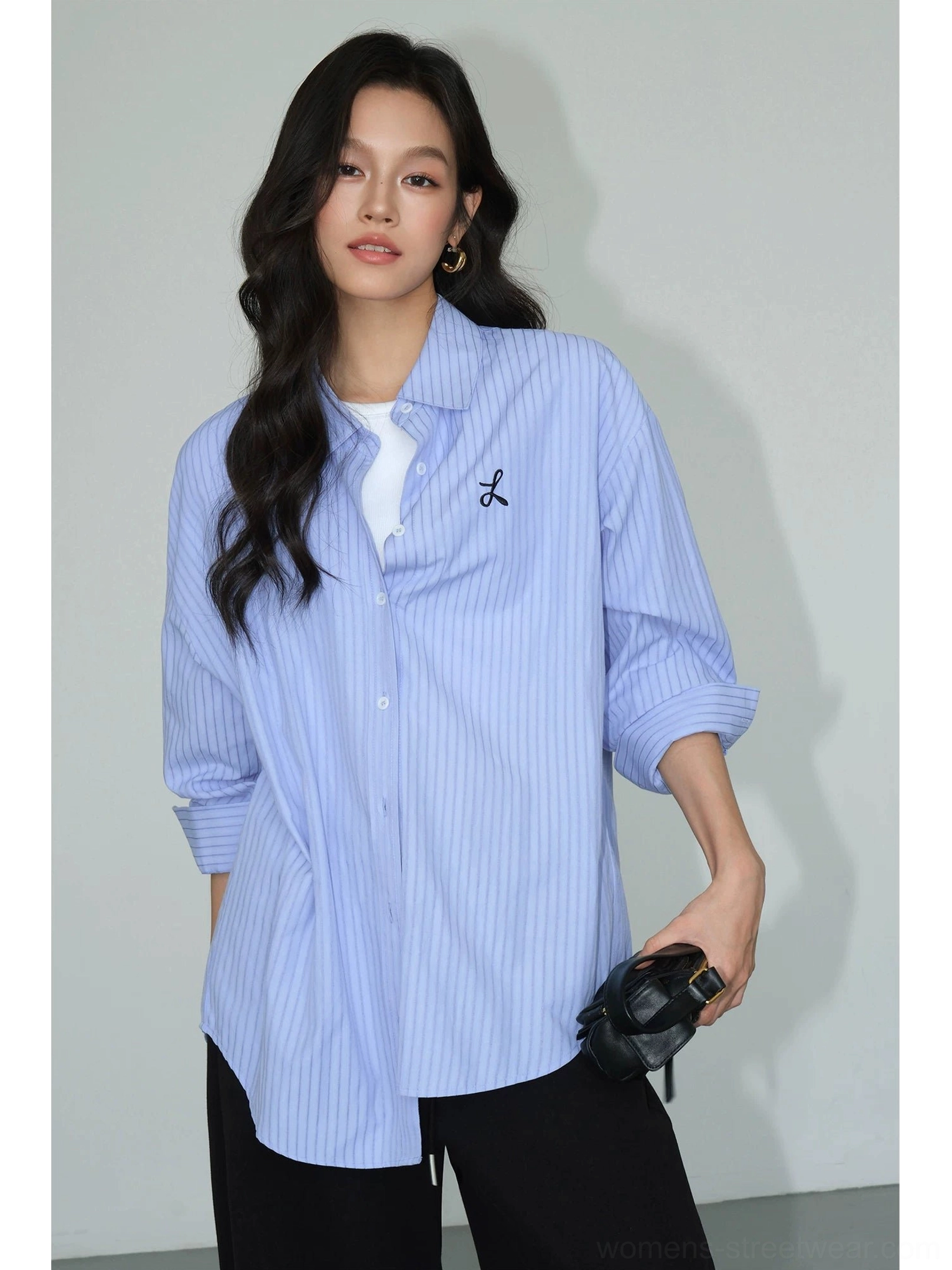 Blue oversized embroidered button-down shirt color variation for Korean streetwear styling