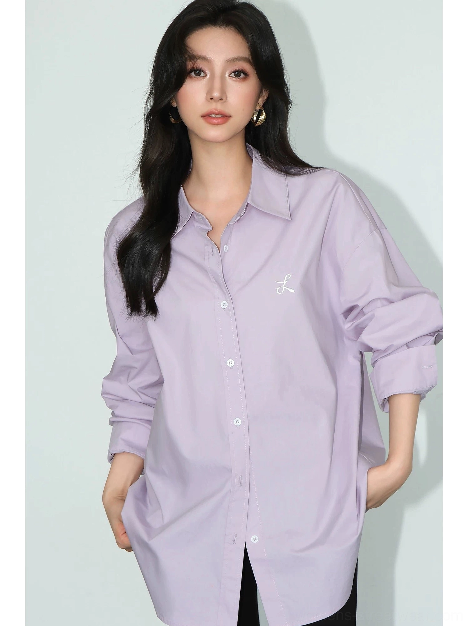 Grayish purple oversized embroidered button-down shirt color variation