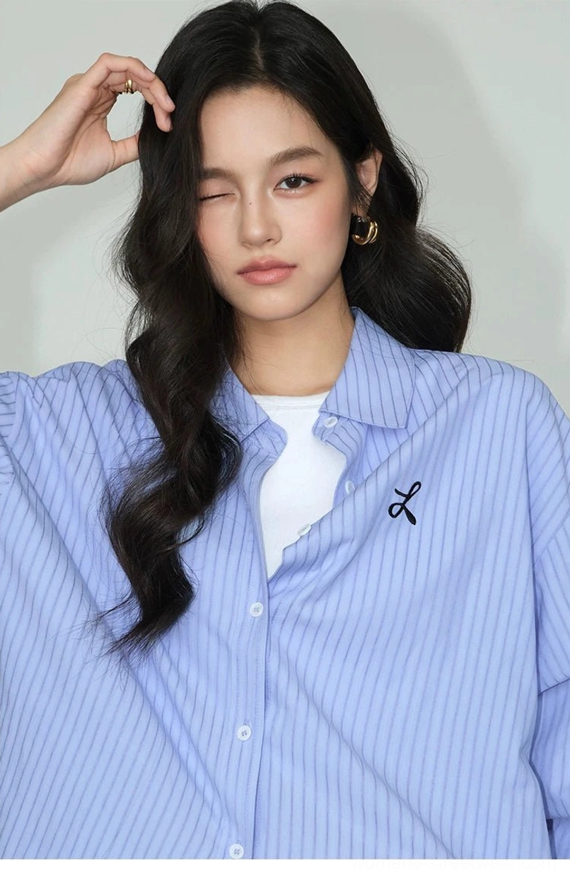 Oversized embroidered button-down shirt Korean inspired casual outfit view