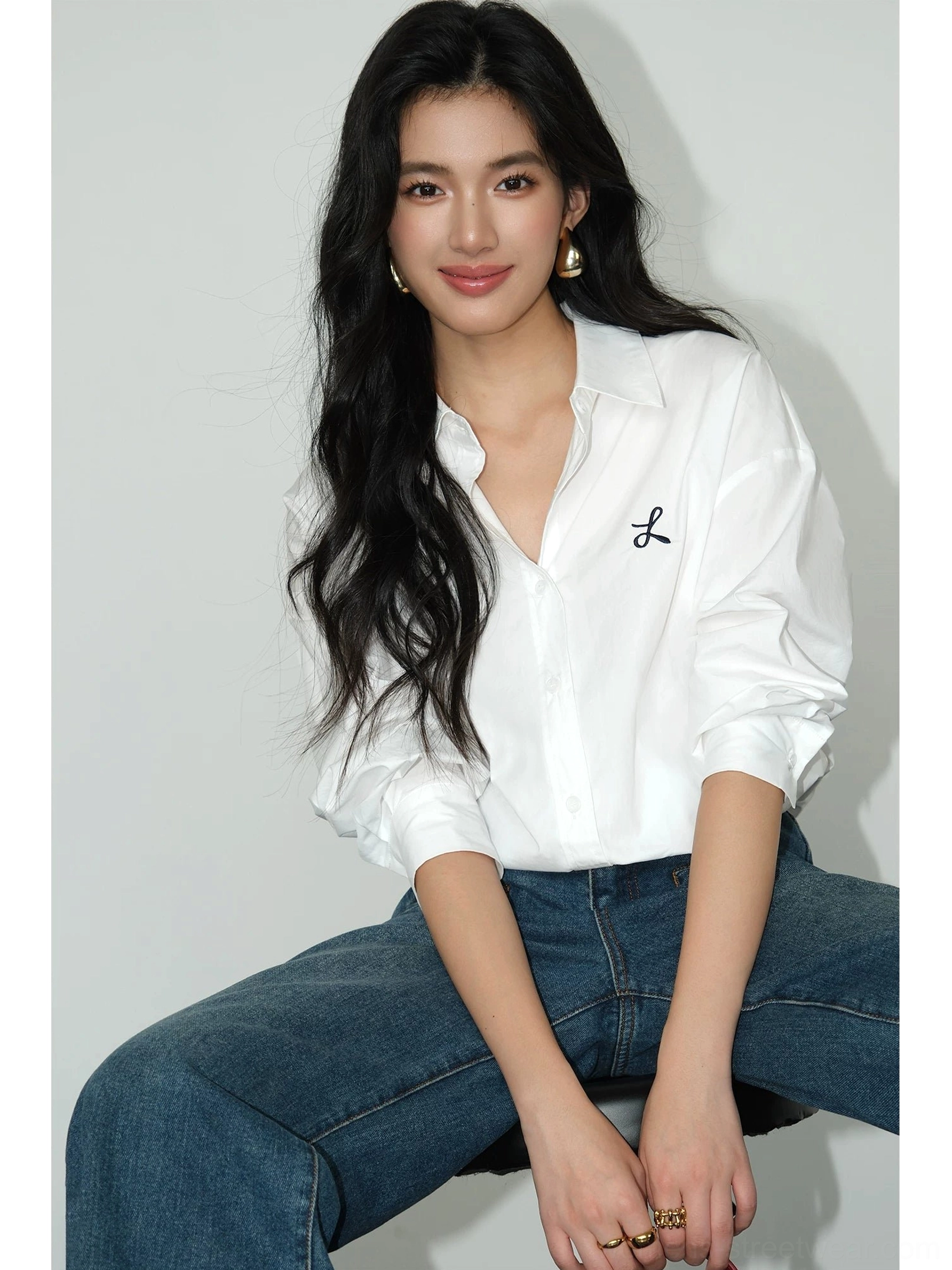 Oversized embroidered button-down shirt relaxed straight cut profile view