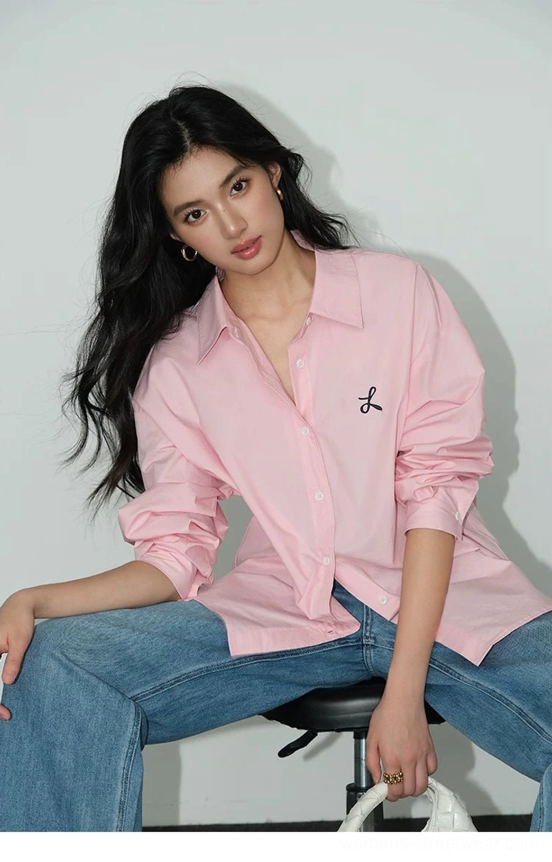 Soft pink longline oversized button-down shirt with black bow embroidery Korean fashion styling