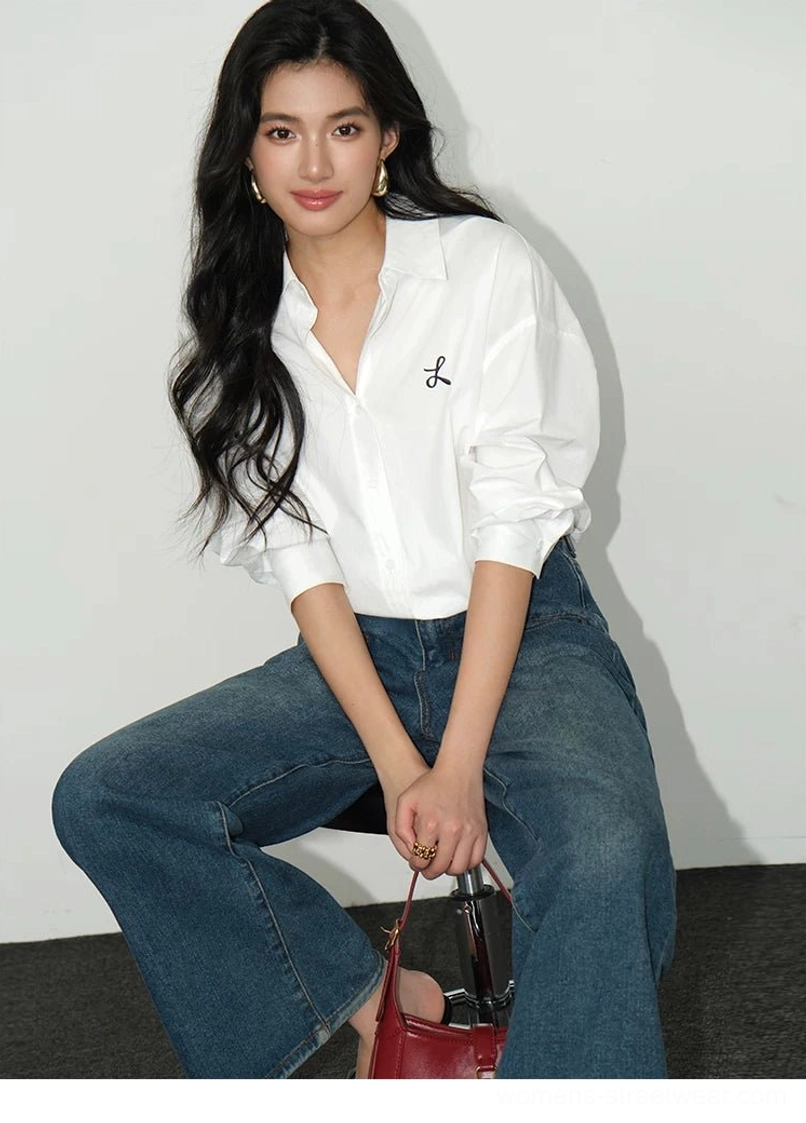 White relaxed fit embroidered button-down shirt with rolled sleeves in Korean streetwear outfit