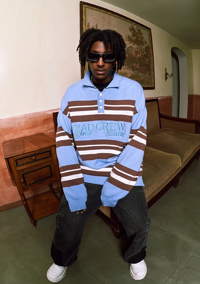 Oversized embroidered striped polo knit sweater blue colorway product detail view