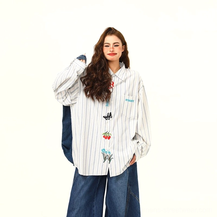 Oversized embroidered striped shirt in white and gray with playful butterfly cherry and floral details for Korean streetwear styling