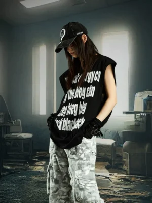 Black oversized energy graphic muscle tee with distressed white text styled with camo cargo pants in an underground streetwear setting