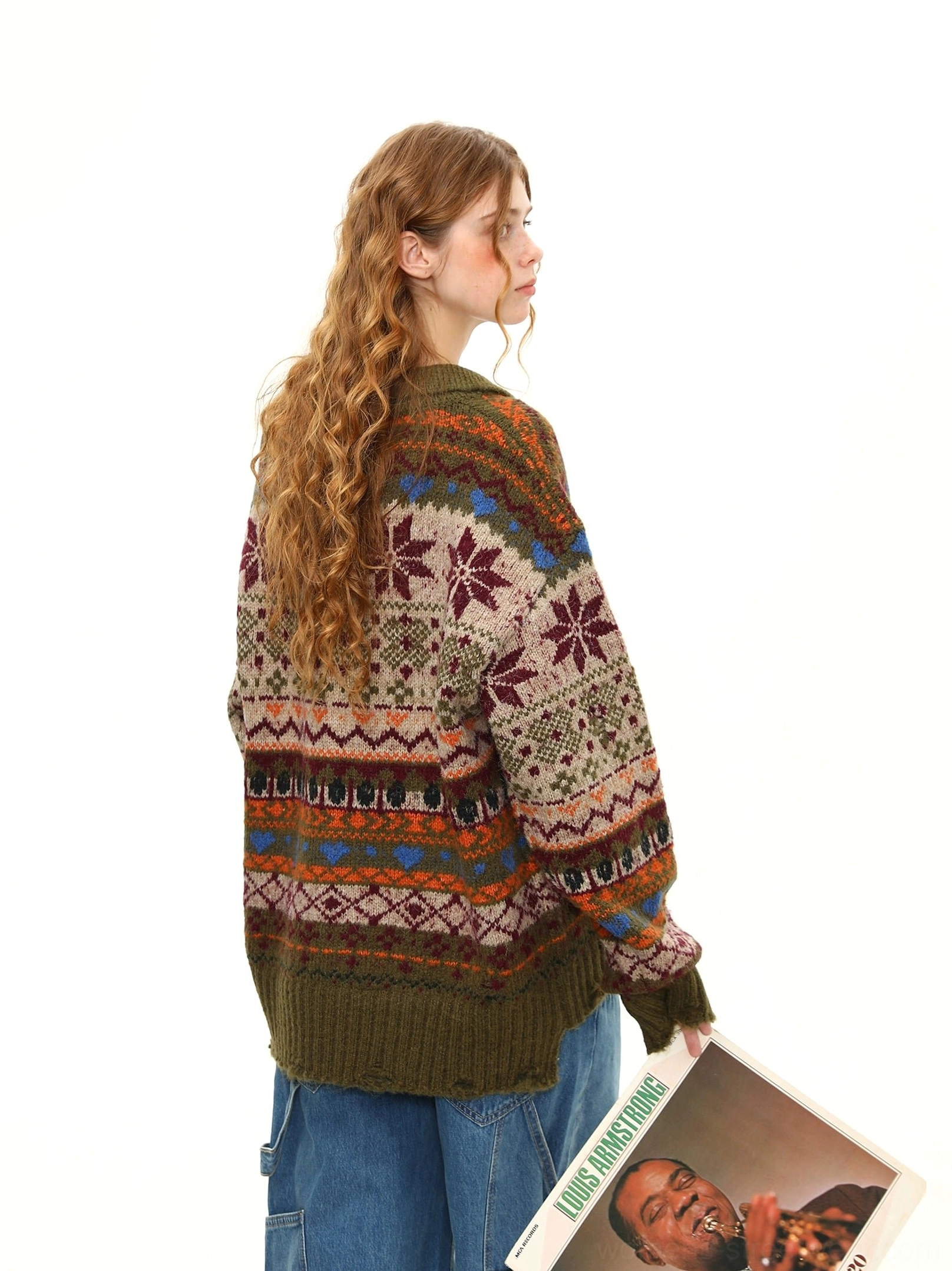 Back full view of an oversized Fair Isle knit sweater displaying the complete retro jacquard pattern, ribbed cuffs, and ribbed hem