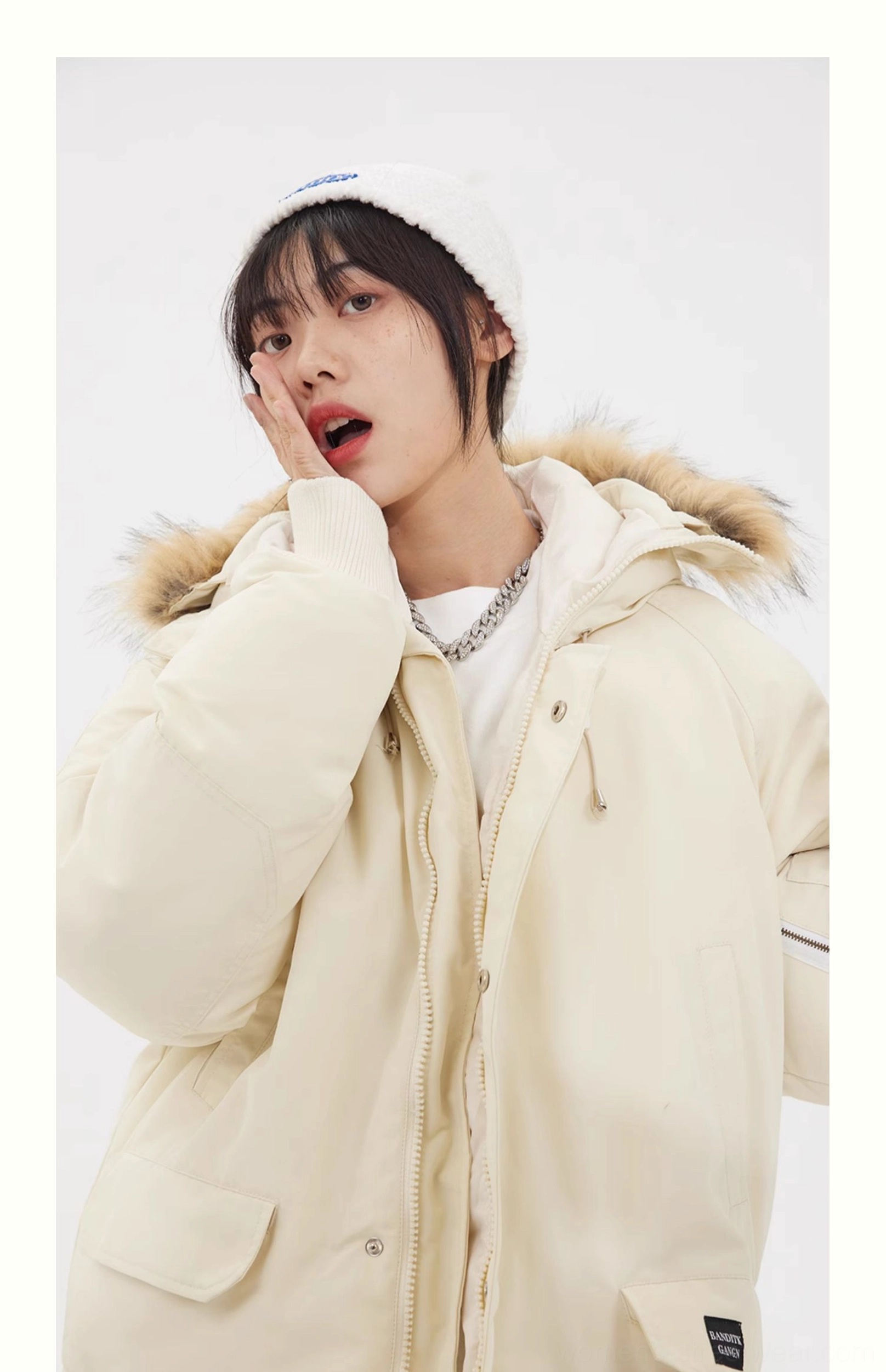 Oversized faux fur hooded parka jacket product detail view for Korean gorpcore winter streetwear styling